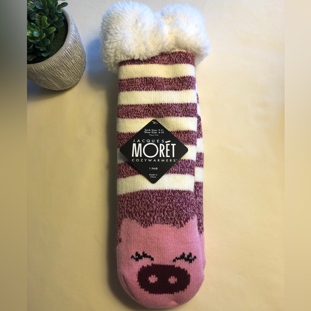 Jacques Morét CozyWarmers Fuzzy Socks w. Anti-Slip Grip Pads - Pink Pig Design